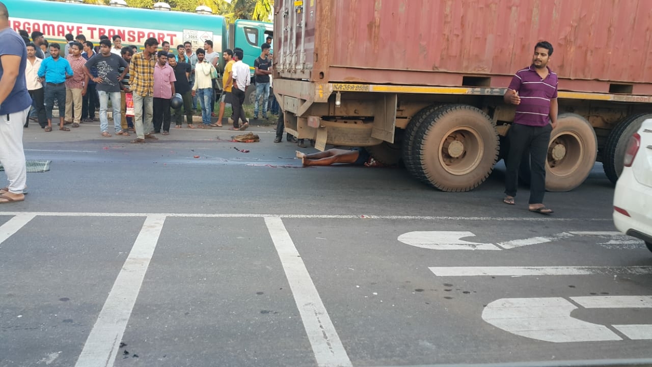 Two wheeler rider crushed under Container truck wheels, died on the spot at Santhekatte, Kallianpur
